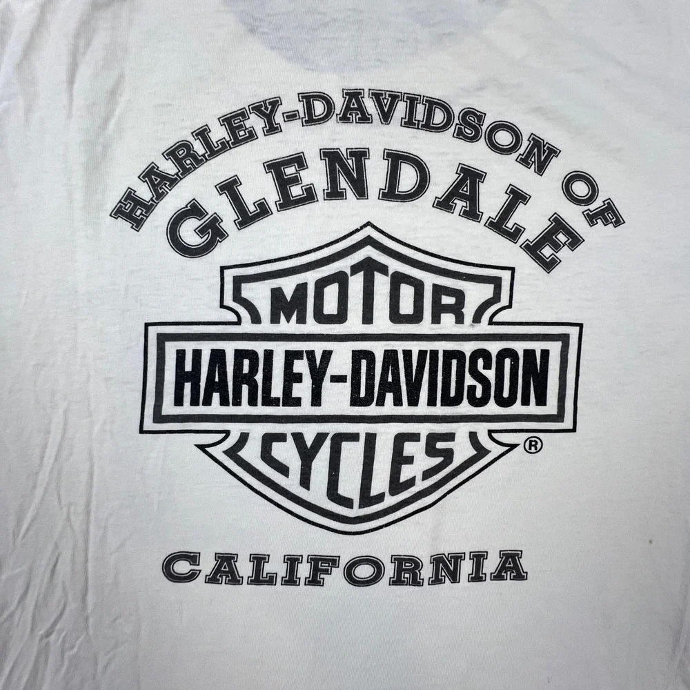 Harley Davidson T-Shirt Mens 2XL White Eagle Glendale CA Thrashed Biker Vintage